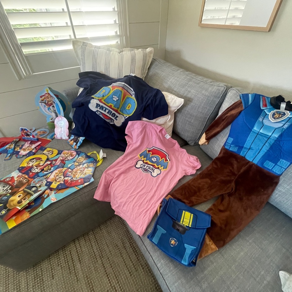 Paw Patrol lot - 4/5T costume, adult shirts and party accessories
